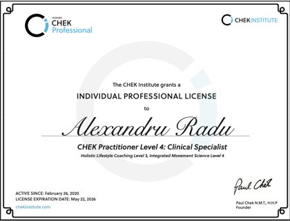 CHEK Practitioner Level 4 professional license, Alexandru Radu